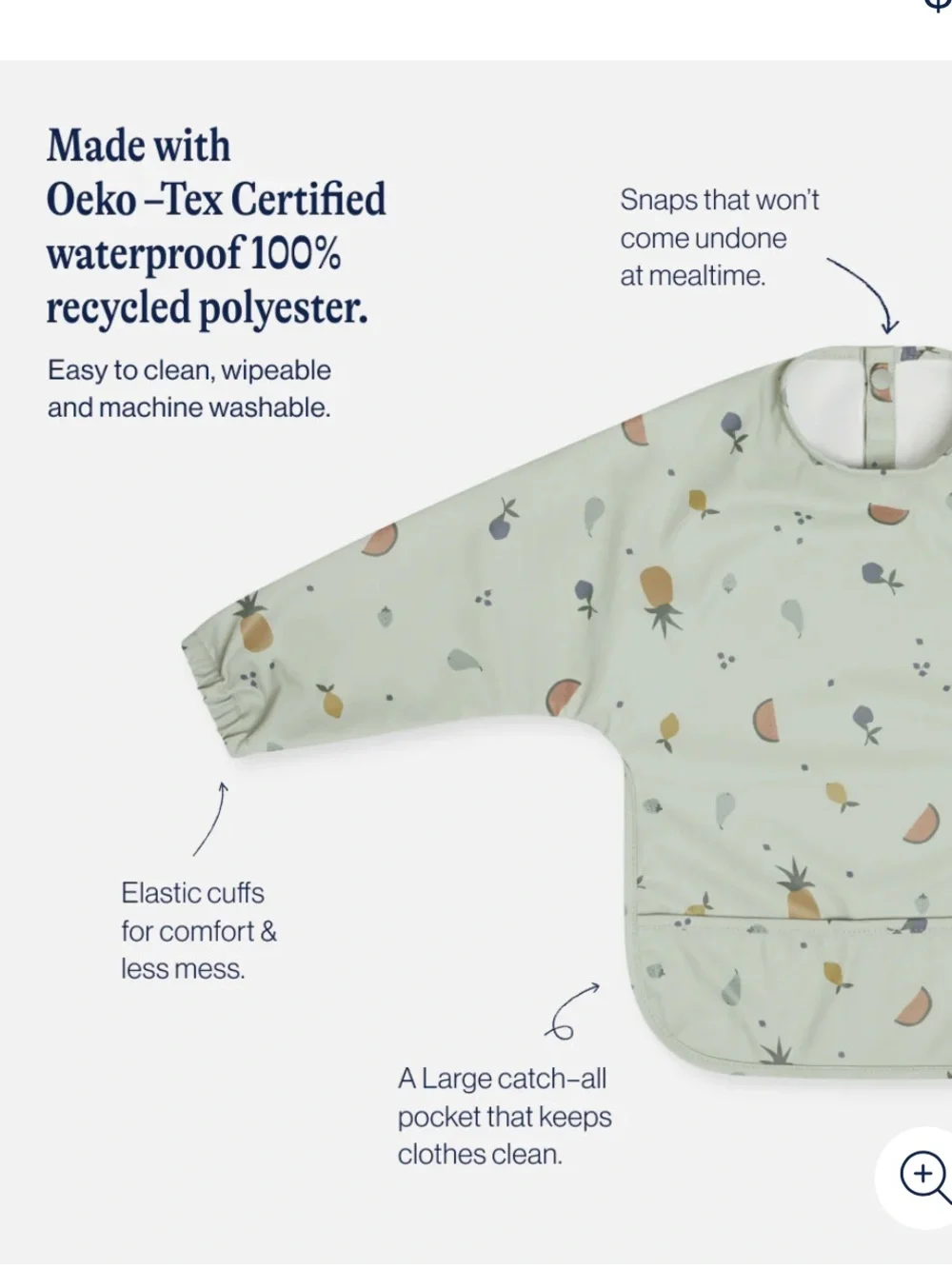 Long-Sleeve Smock Bib in Sage Green with Fruit Print